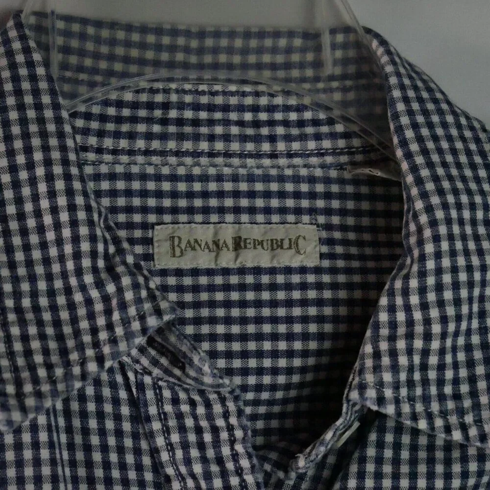 Banana Republic Men's Size L Pearl Snap Plaid Blue Short-Sleeve Button Down